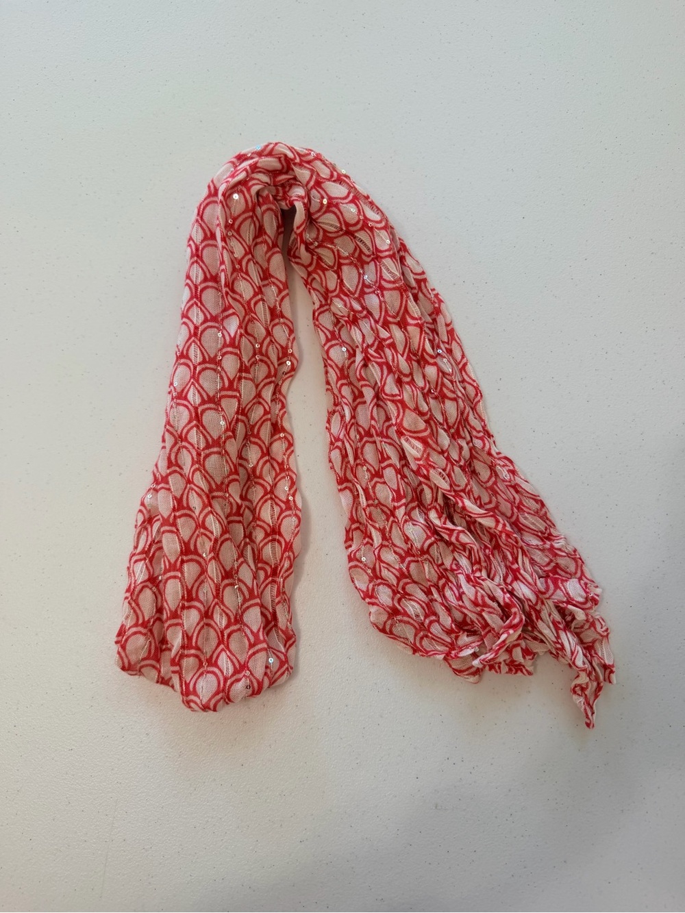 Coral and White Patterned Lightweight Women's Scarf Embellished w/ Silver Sequin